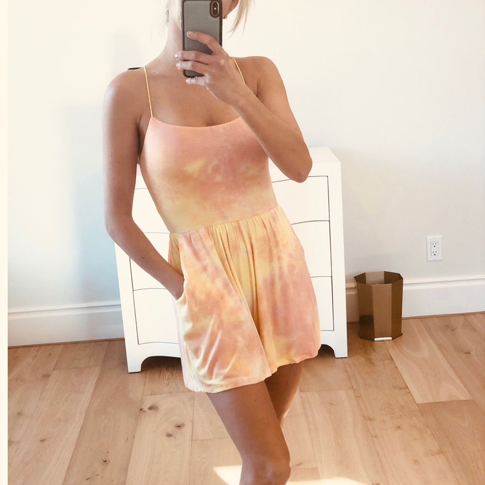LAST 1! Tie Dye Romper Lace Up Back Yellow Small - Picture 3 of 9